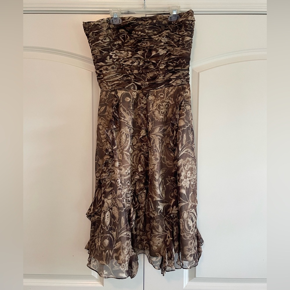 Ralph Lauren Elegant Brown Floral Strapless Dress